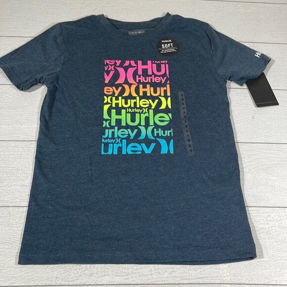 Hurley Heathered Blue Tee with Neon Rainbow Logo Small - Picture 1 of 8